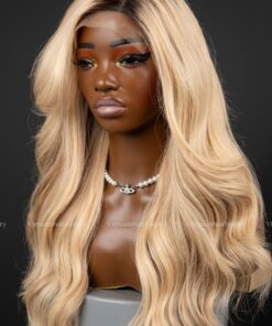 20'' blonde with dark roots left part wavy Wig