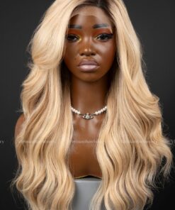Alternative view of 20'' blonde with dark roots left part wavy Wig