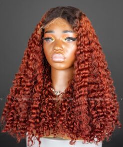 18'' red with dark roots Eurasian curly HD luxury Wig